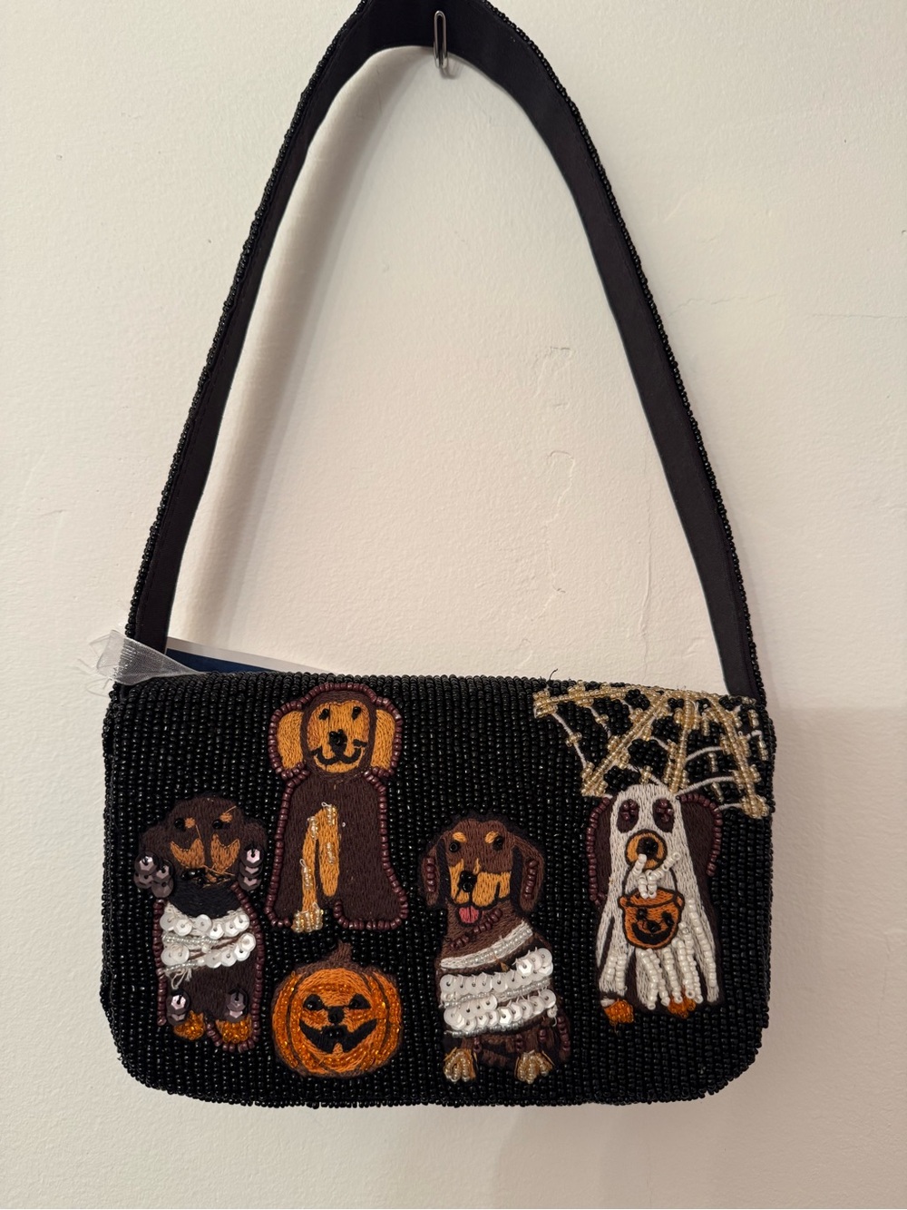 Beaded Halloween Dachshund Dog Ghost Pumpkin Shoulder Bag